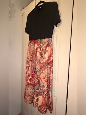 Black Top Maxi Dress with Red & Teal Paisley Skirt